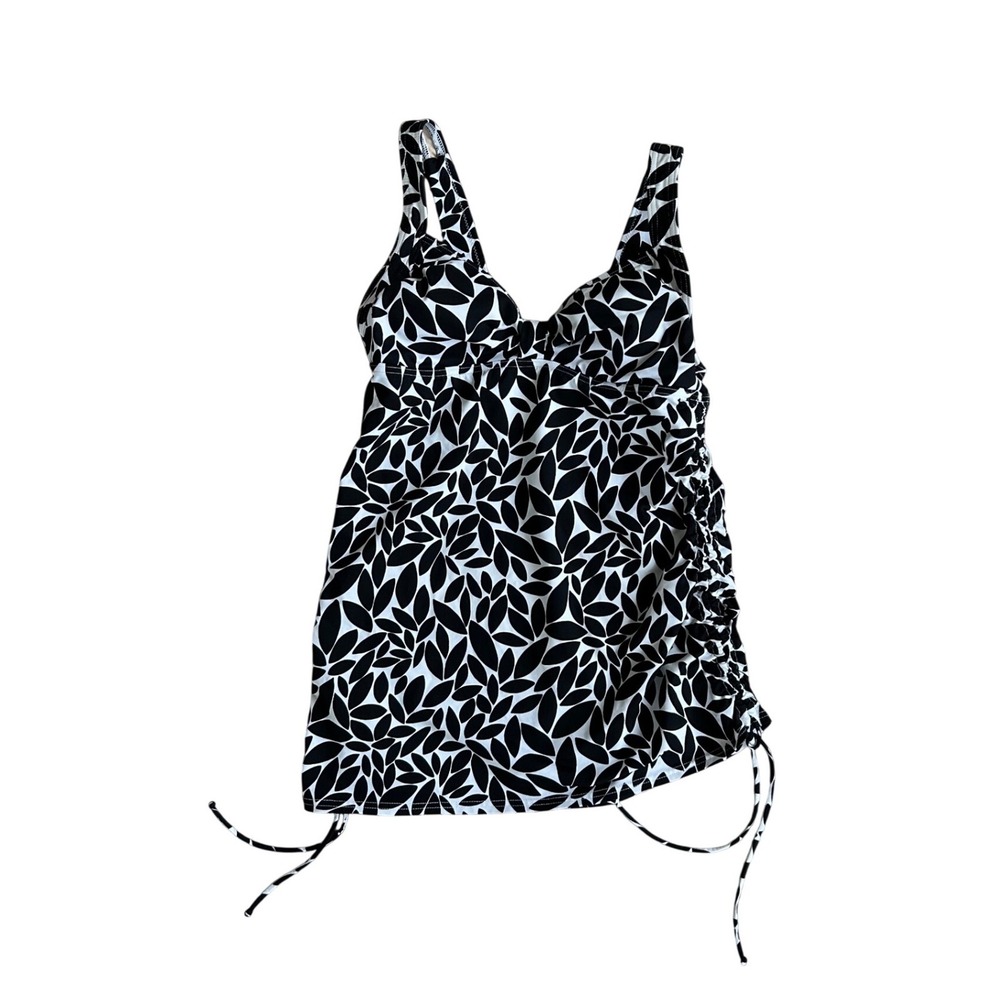 Lands End Womens Black White Leaf Print Ruched Tankini Top Size 6 Swimwear